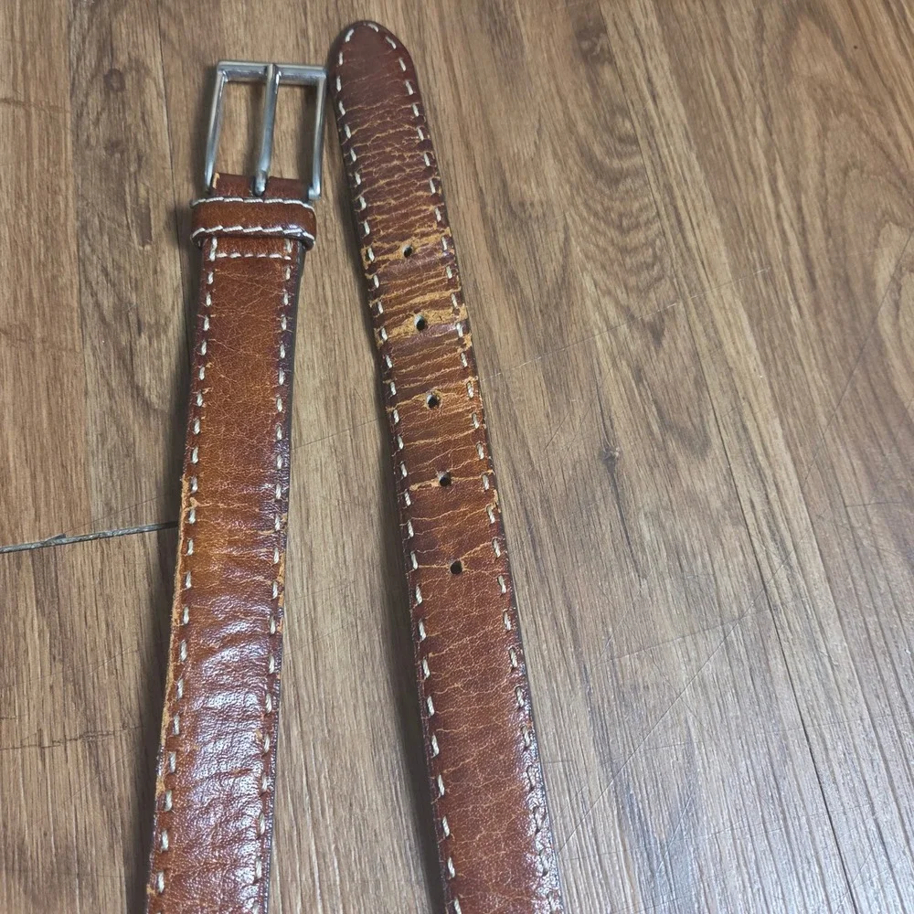 Bernardo Firenze Italian Leather Belt Contrast Stitching Mens 34 Italy Brown